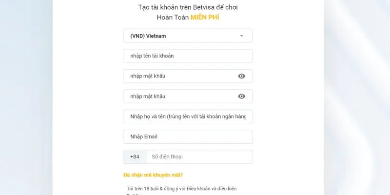 Bước 2: Chọn mục đăng ký Betvisa, điền thông tin